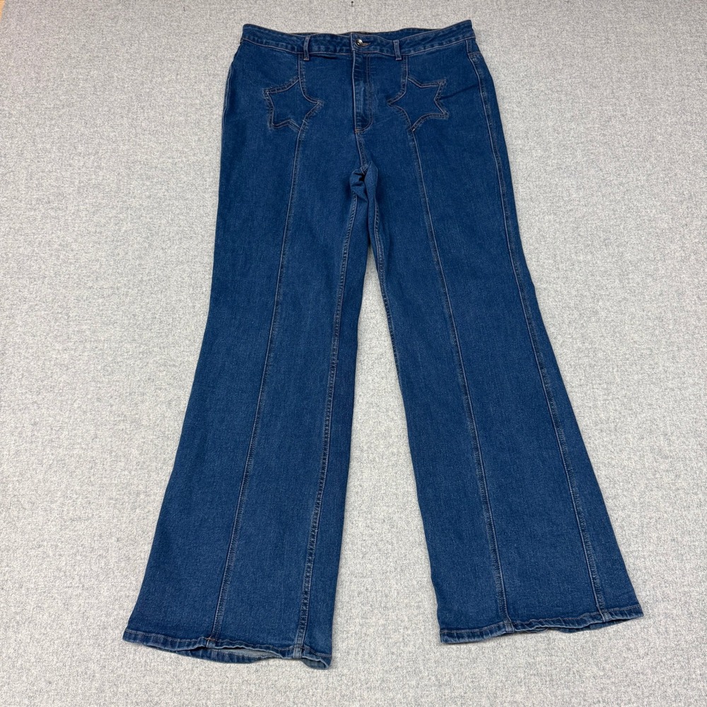 Wild Fable Star Patch Flare Jeans 19 Blue High Rise Wide Leg Denim Front Seam